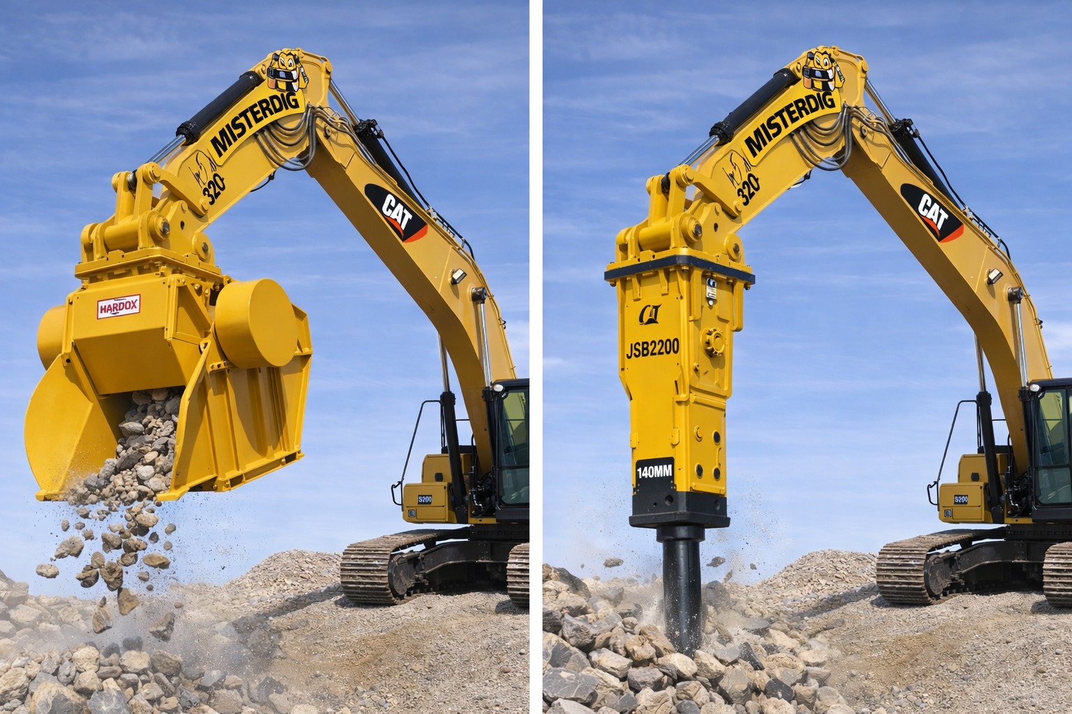 MisterDig CAT 320 with Hardox crusher bucket (left) and JSB2200 hydraulic breaker (right) working on-site