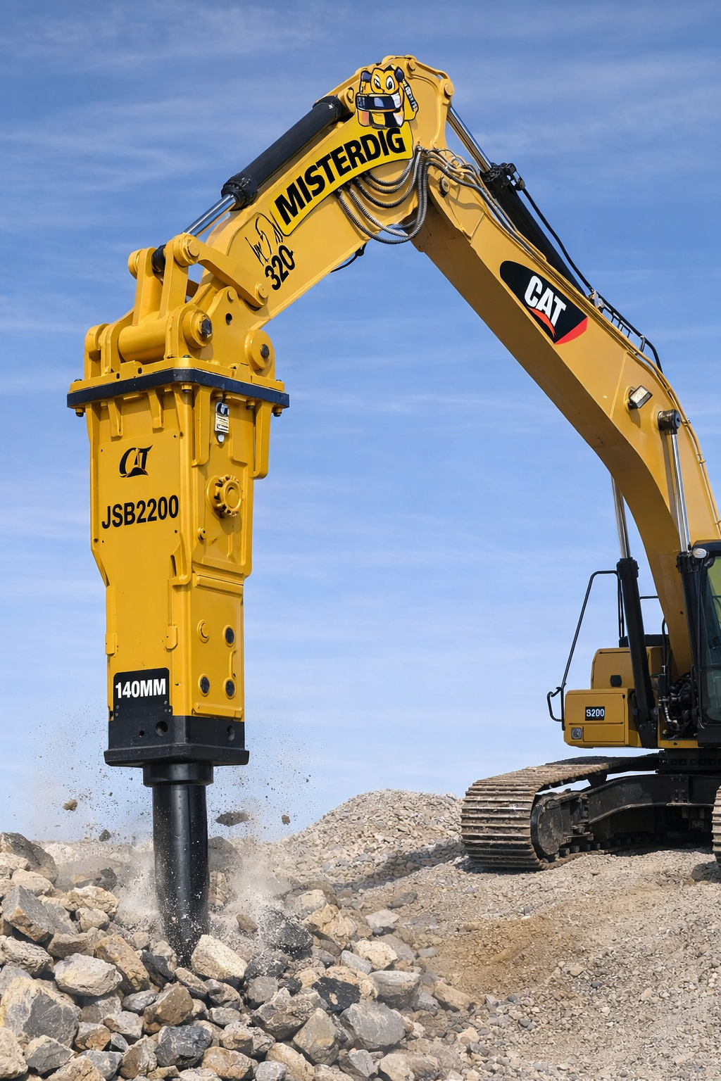 MisterDig CAT 320 excavator with JSB2200 140mm hydraulic breaker hammering ledge